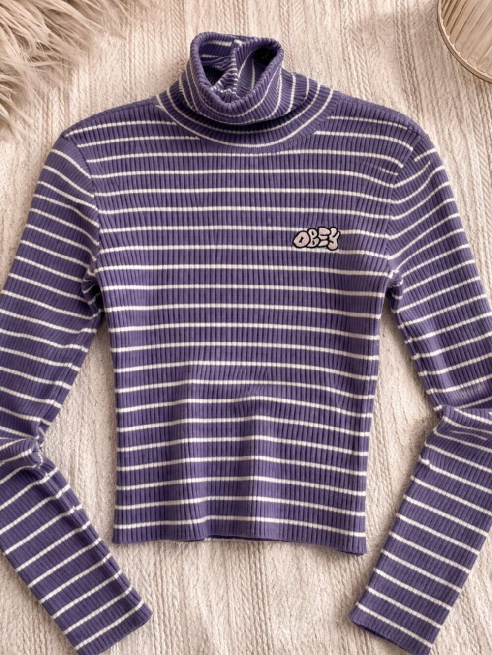 OBEY Baby Tee Bubble logo Lavender Striped Long Sleeve Mock Neck knit top Large